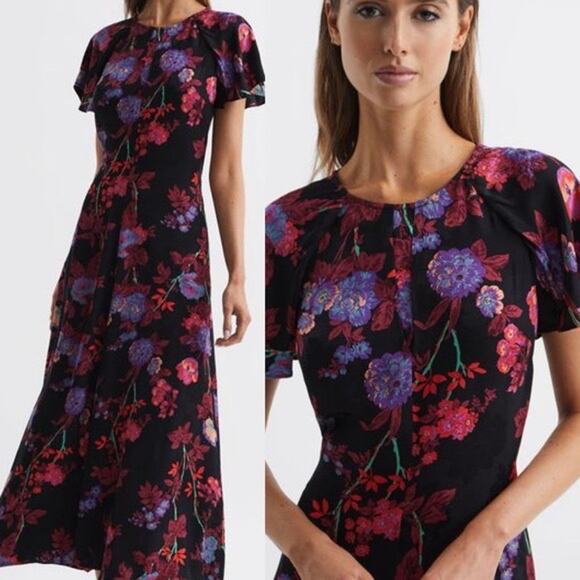 Reiss Leni Fitted Floral Print Romantic Black Cocktail Midi Dress Size 2 - Picture 1 of 6